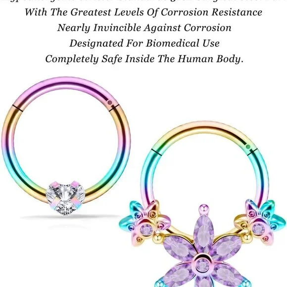 Septum Daith Earrings 16g Stainless Steel Rainbow Rose Gold Piercing Jewelry - Picture 4 of 6